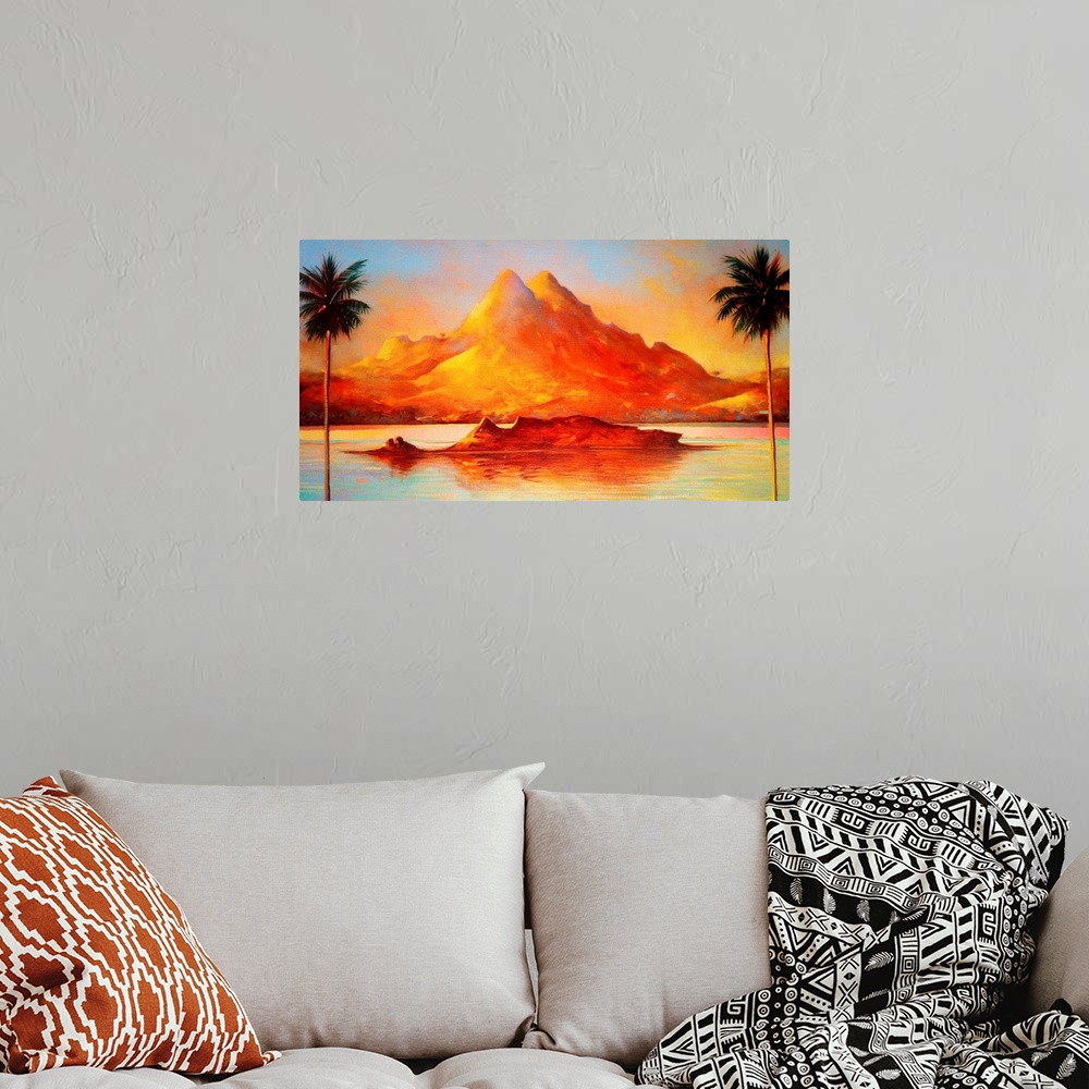 A bohemian room featuring Contemporary painting of a tropical mountainous beach at sunset.