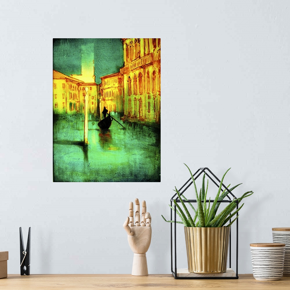 A bohemian room featuring Contemporary artwork of a gondolier on green water of the Venice canals.