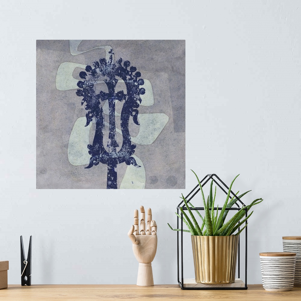 A bohemian room featuring Contemporary painting of a holy cross, done in grey tones.