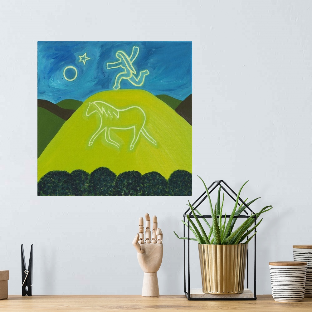 A bohemian room featuring Contemporary painting of a large figure of a horse on a hill.