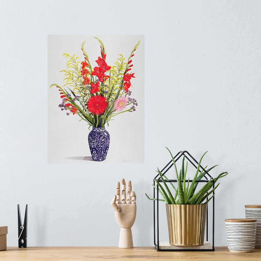 A bohemian room featuring Tiger Lilies, Gladioli, and Scabious in a Blue Moroccan Vase