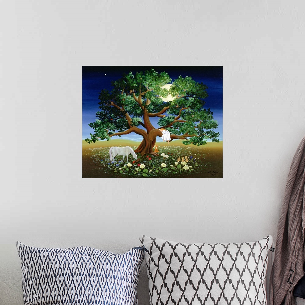 A bohemian room featuring Fantasy painting of a girl sleeping on the branch of a large tree with many animals and plants be...
