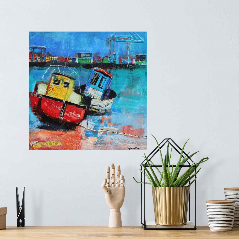 A bohemian room featuring Contemporary painting of fishing boats moored on the shoreline of a harbor town.