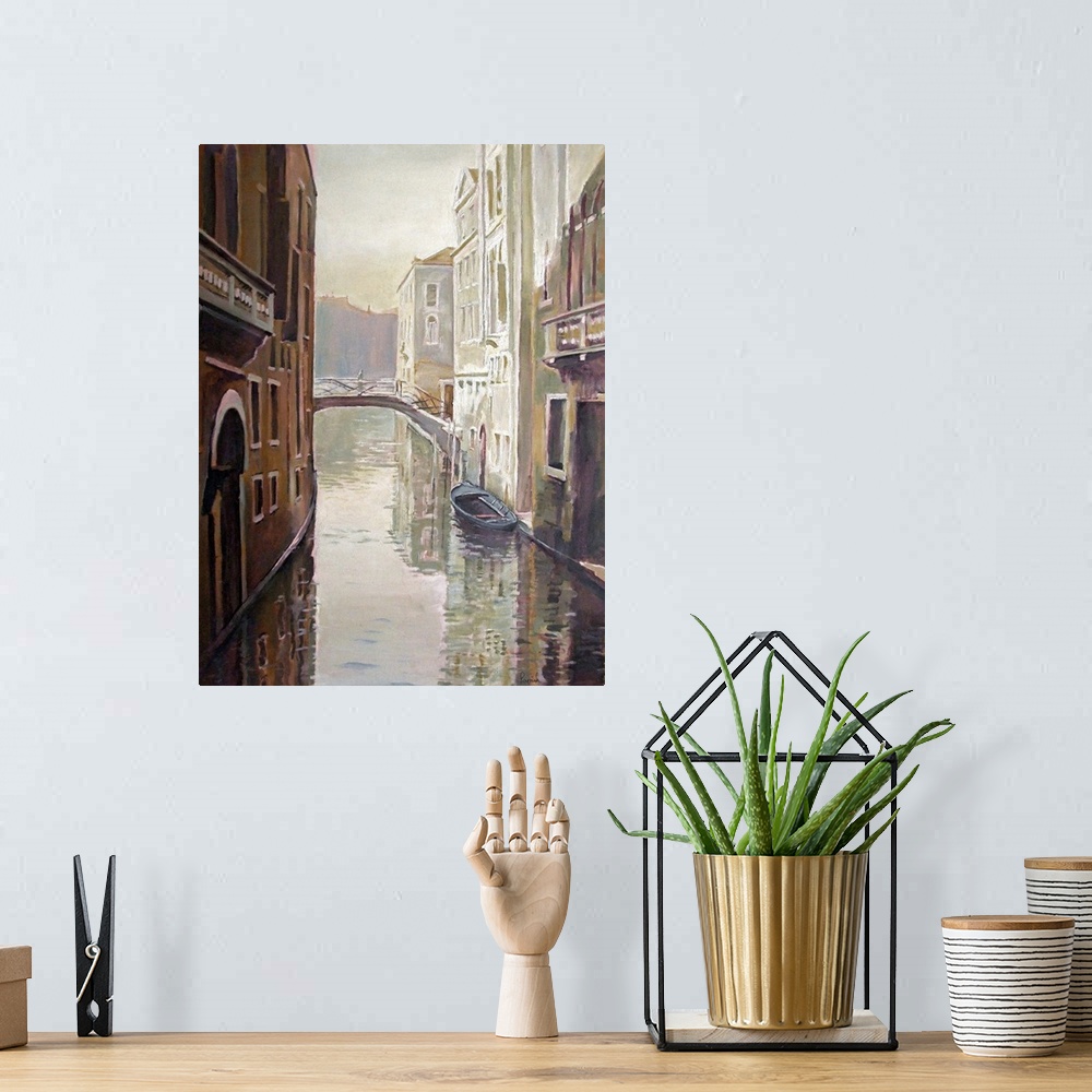 A bohemian room featuring This decorative wall art is a contemporary vertical painting of a canal and the historic building...