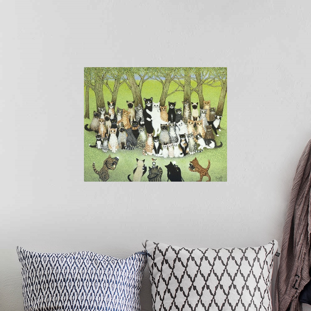 A bohemian room featuring Contemporary whimsical artwork of a cat wedding ceremony in a forest.