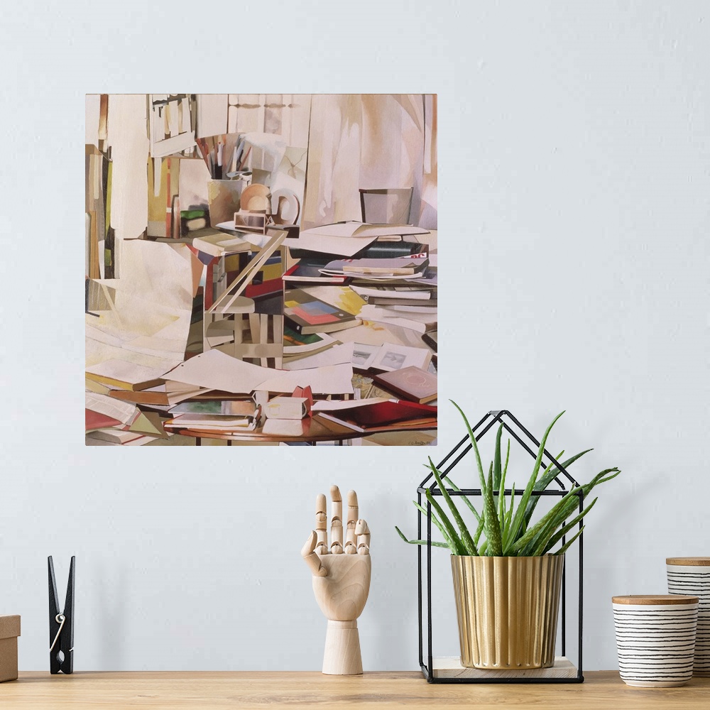A bohemian room featuring Contemporary still life of a messy desk covered in books and papers.