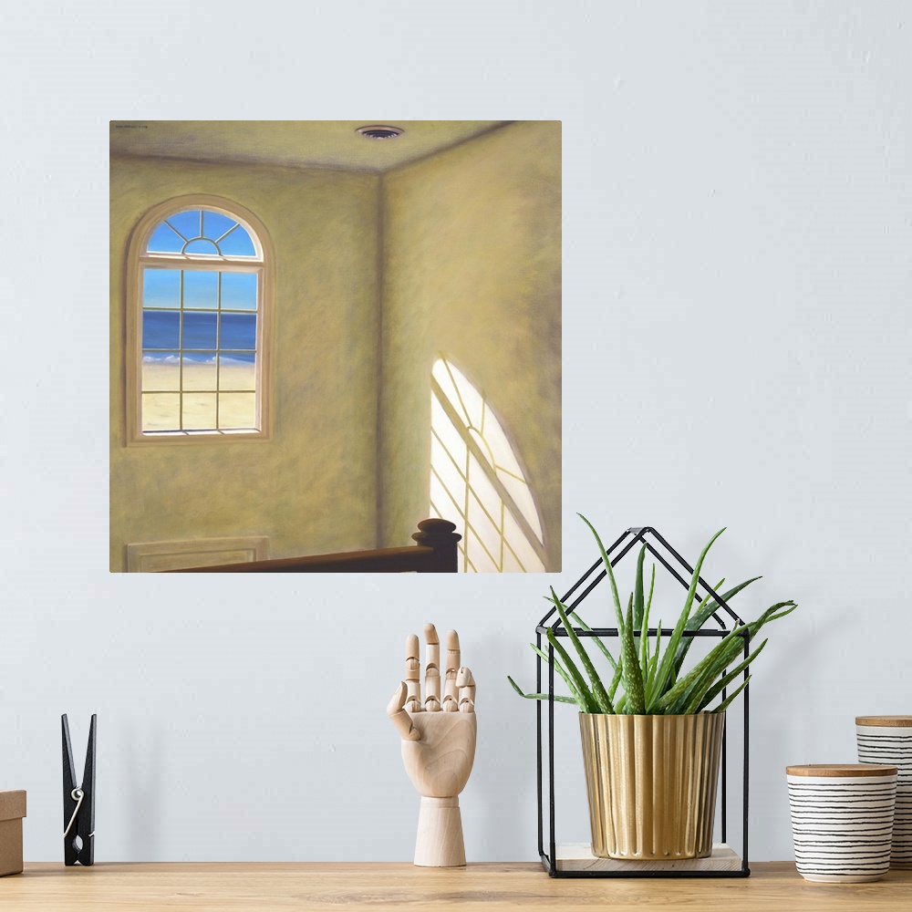 A bohemian room featuring Contemporary painting of the beach seen through a window.