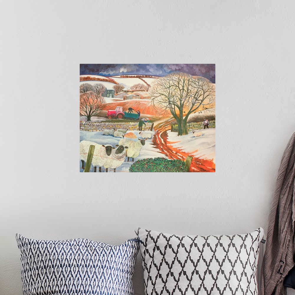 A bohemian room featuring Contemporary painting of a flock of sheep in the countryside in the winter.