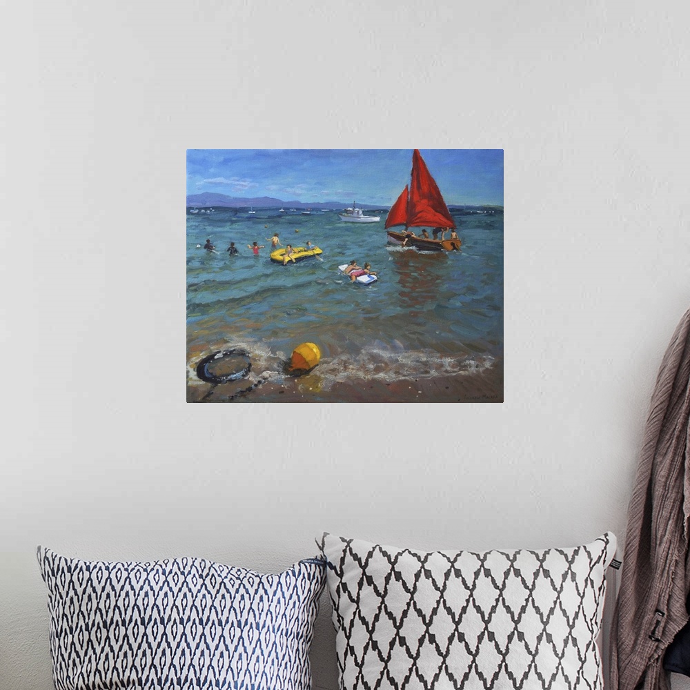 A bohemian room featuring Contemporary painting of a sailboat in the water with people wading nearby.