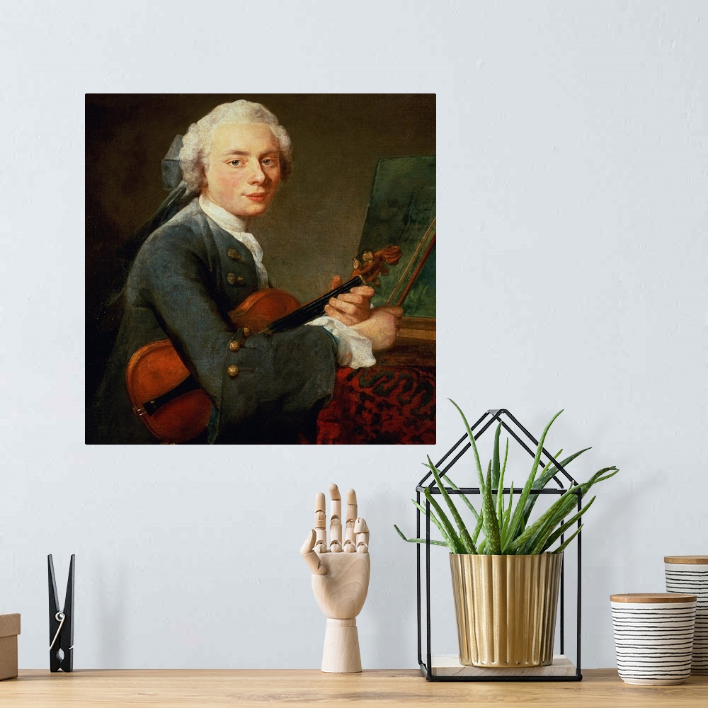 A bohemian room featuring XIR89753 Young Man with a Violin, or Portrait of Charles Theodose Godefroy (1718-96) c.1738 (oil ...