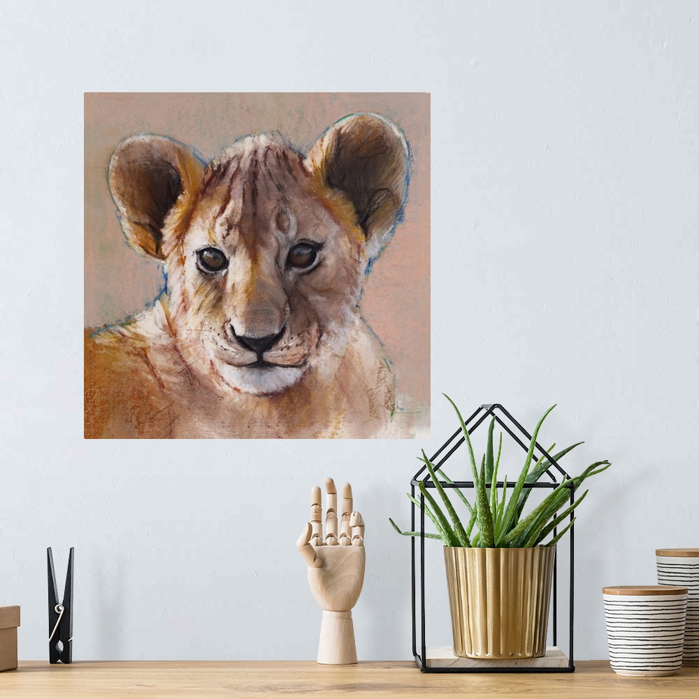A bohemian room featuring Youngest Cub, Masai Mara, 2019. Originally conte and pastel on paper.