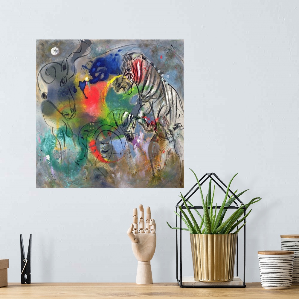 A bohemian room featuring Contemporary abstract painting of wild zebras.