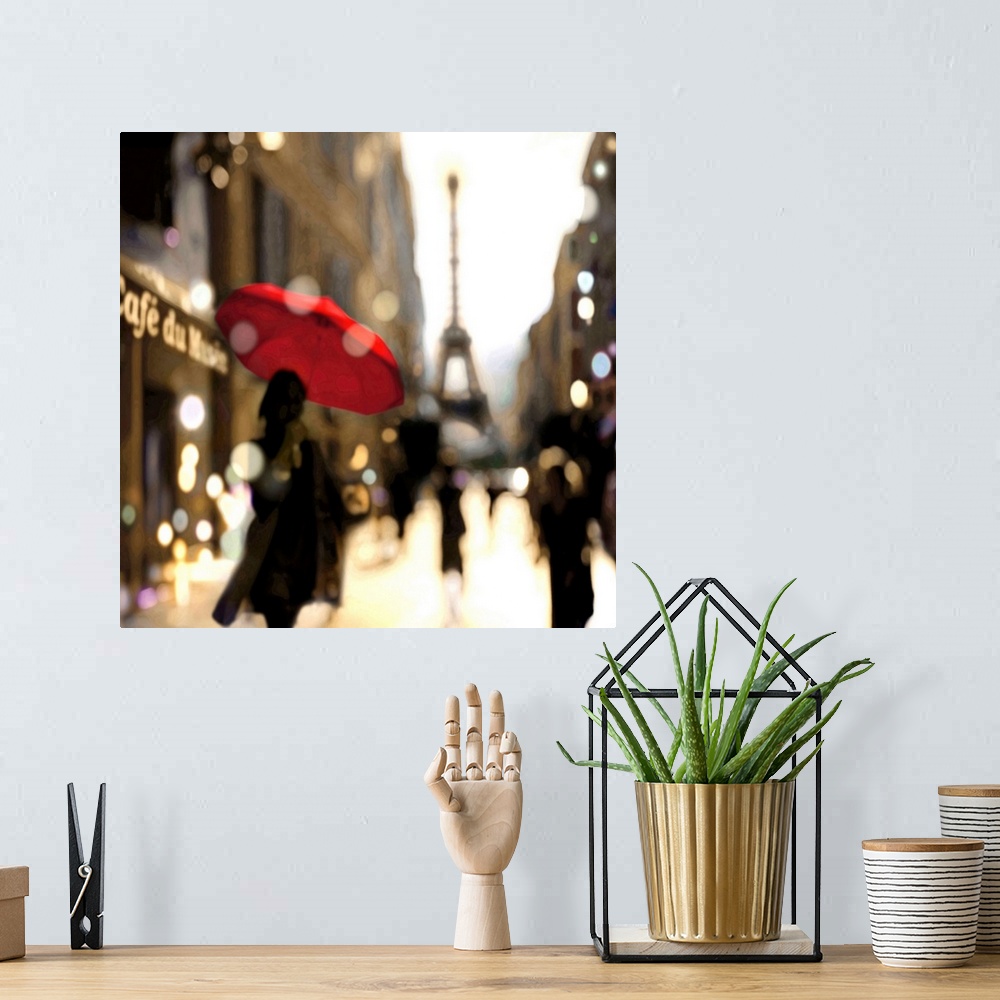 A bohemian room featuring Blurred square illustration of a figure walking down a Paris street carrying a red umbrella with ...