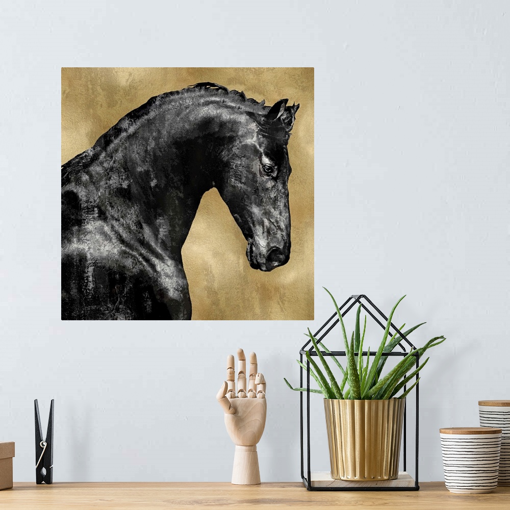 A bohemian room featuring Square decor with a black stallion on a metallic gold background.
