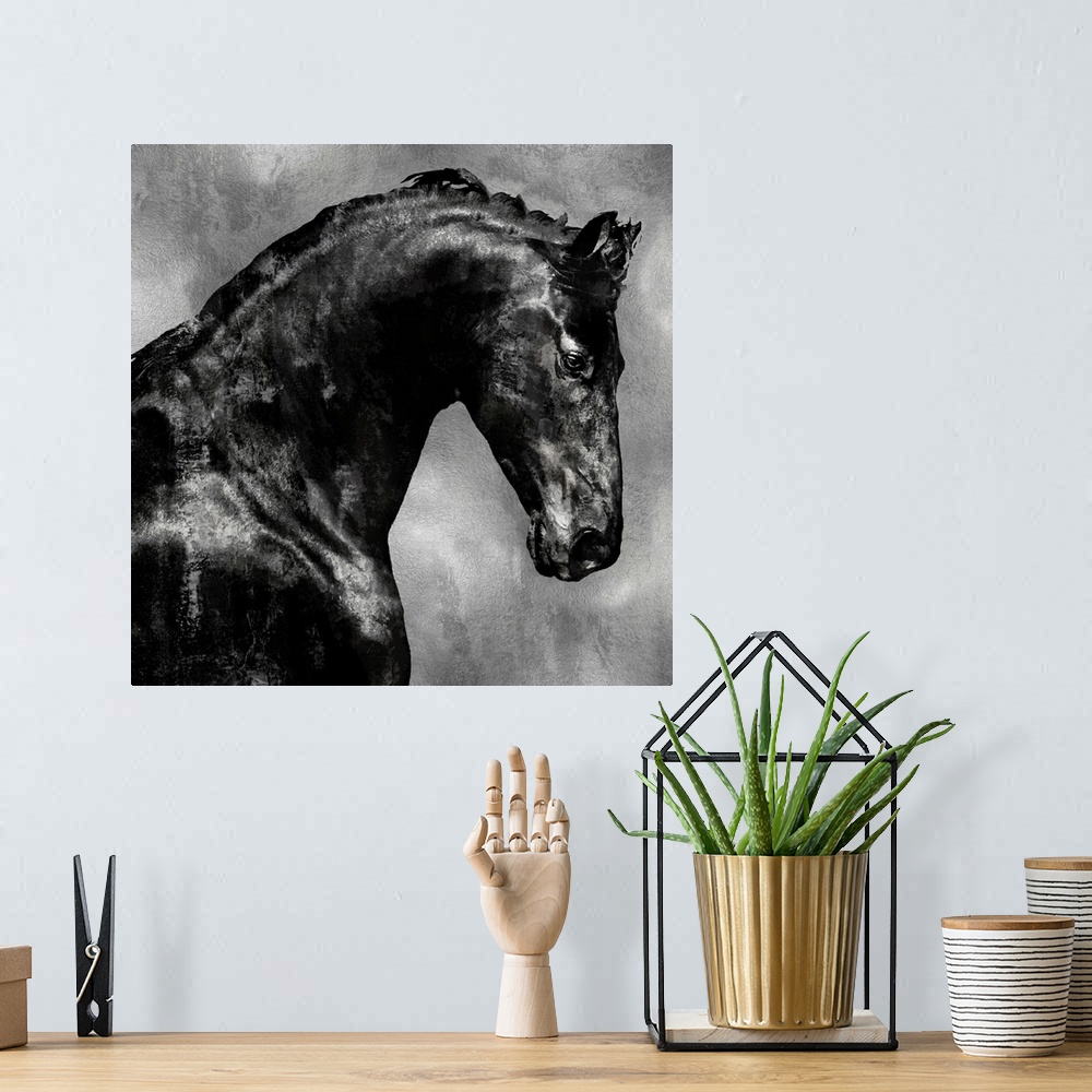 A bohemian room featuring Square decor with a black stallion on a metallic silver background.