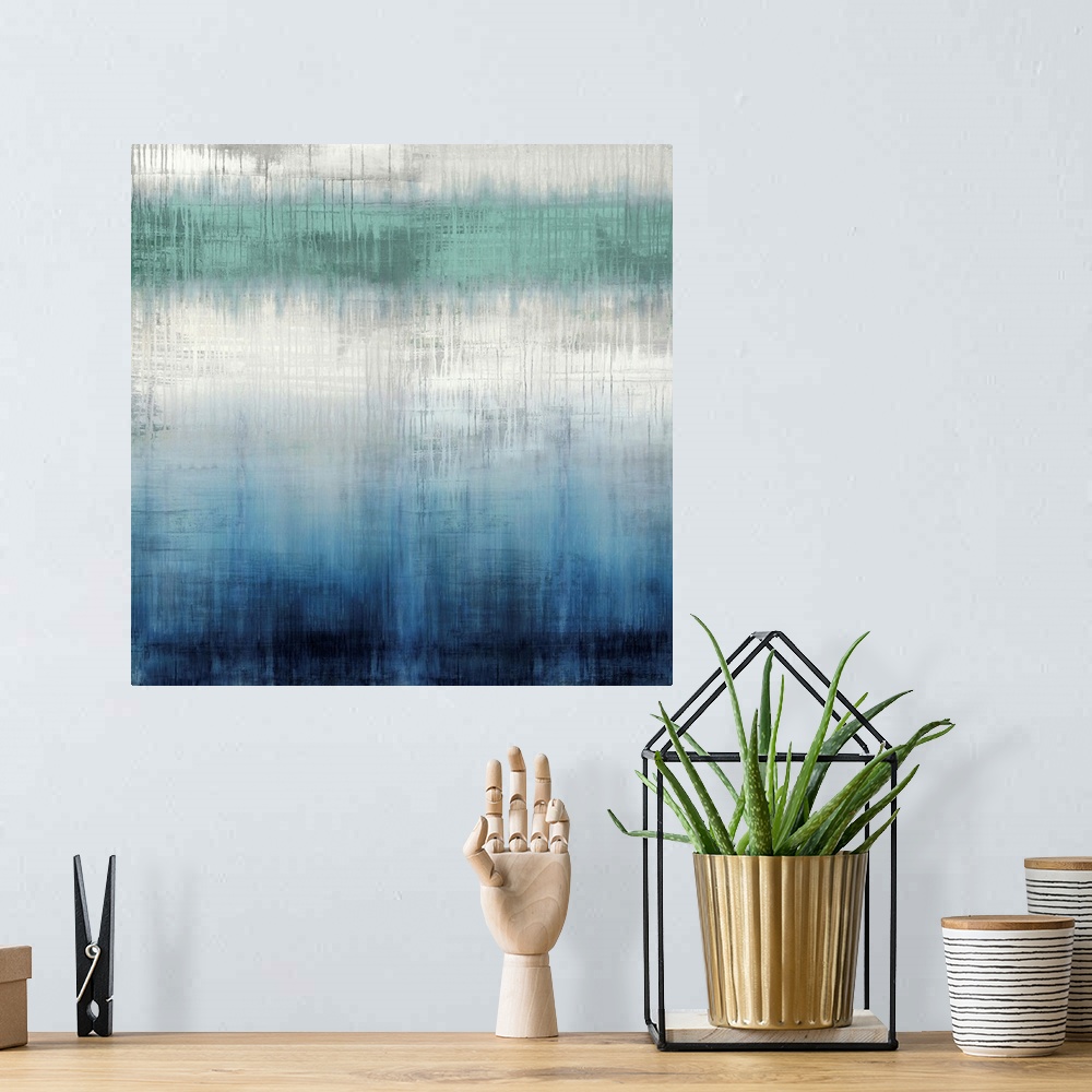 A bohemian room featuring Abstract artwork of vertical dripping paint in blue, white and green with visible horizontal line...