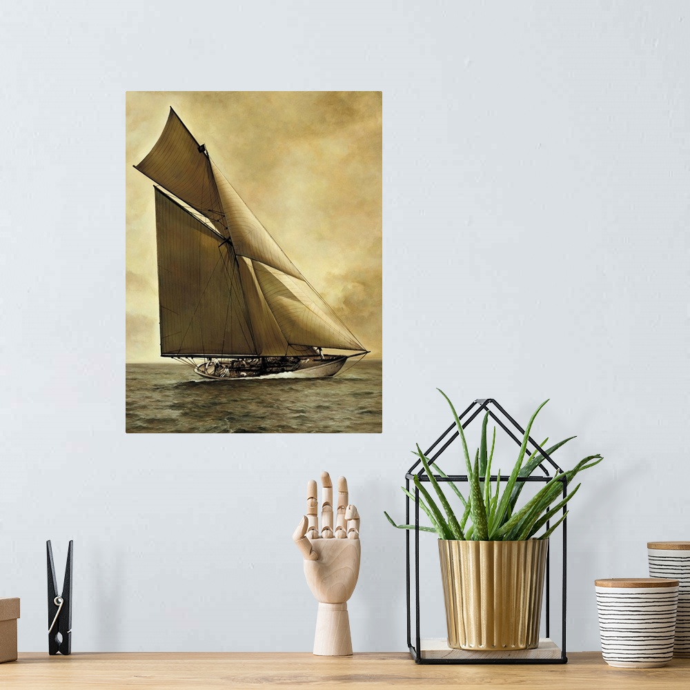 A bohemian room featuring Contemporary painting of a sailboat in the middle of the ocean with sepia tones.