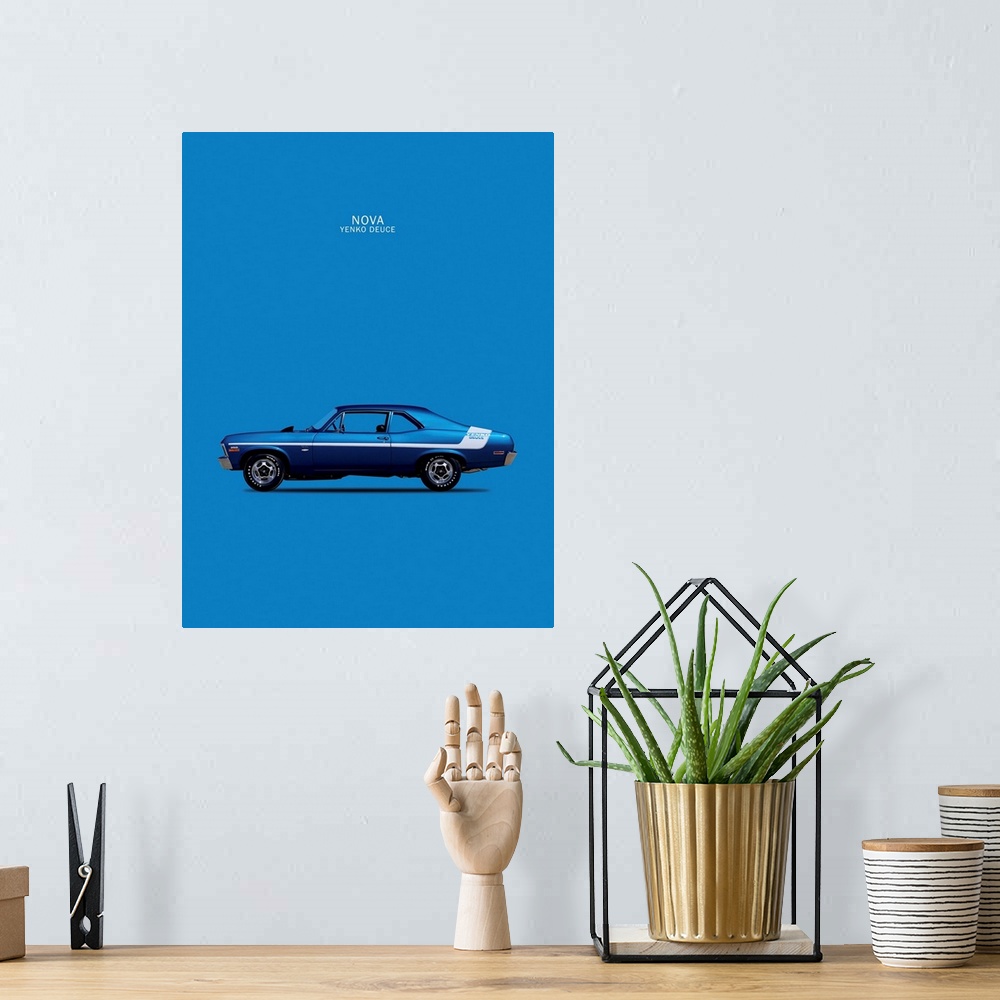 A bohemian room featuring Photograph of a blue Chevy Nova 350 Yenko Deuce 70 printed on a blue background
