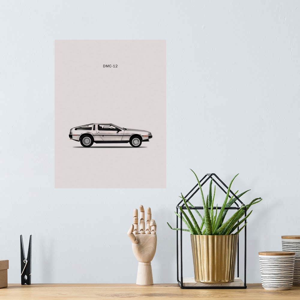 A bohemian room featuring Photograph of a silver DeLorean DMC printed on a silver background