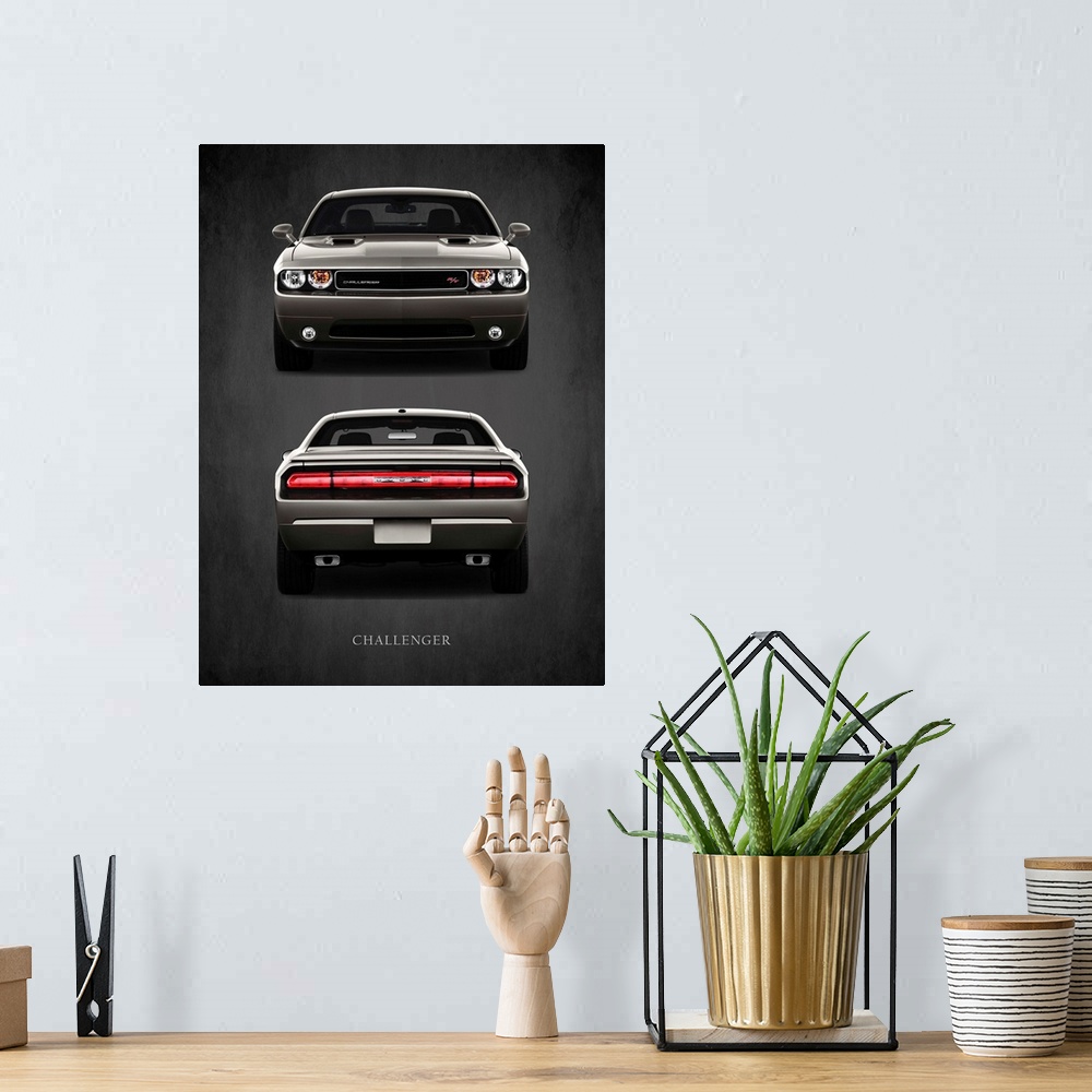 A bohemian room featuring Photograph of a charcoal Dodge Challenger RT printed on a black background with a dark vignette.