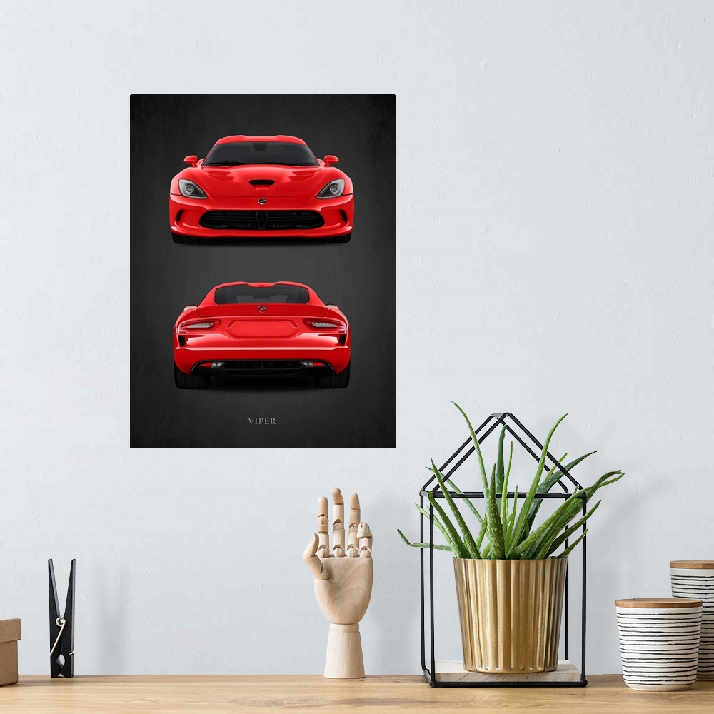 A bohemian room featuring Photograph of a red Dodge Viper printed on a black background with a dark vignette.
