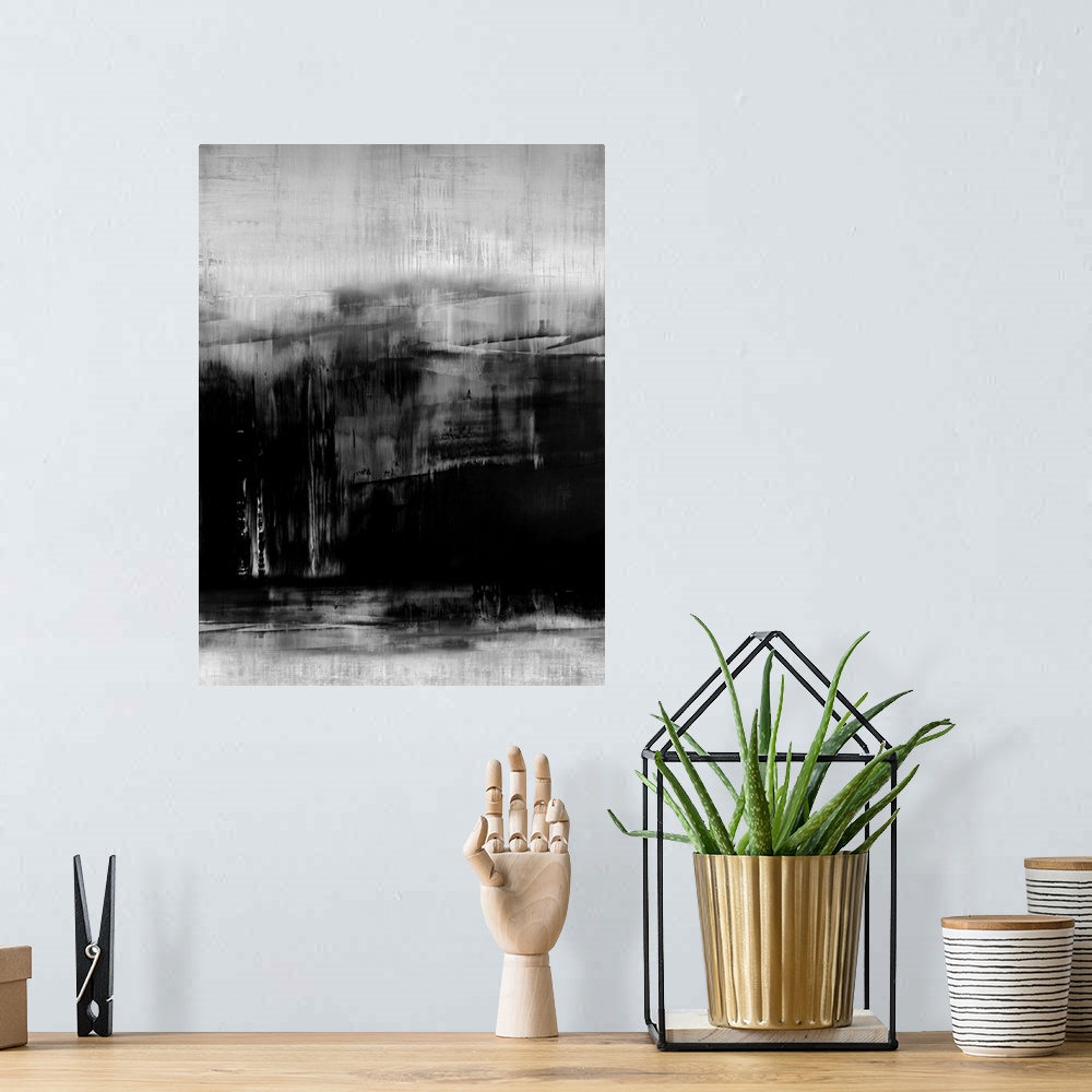 A bohemian room featuring Abstract artwork of vertical brush strokes in black and white with visible horizontal lines throu...
