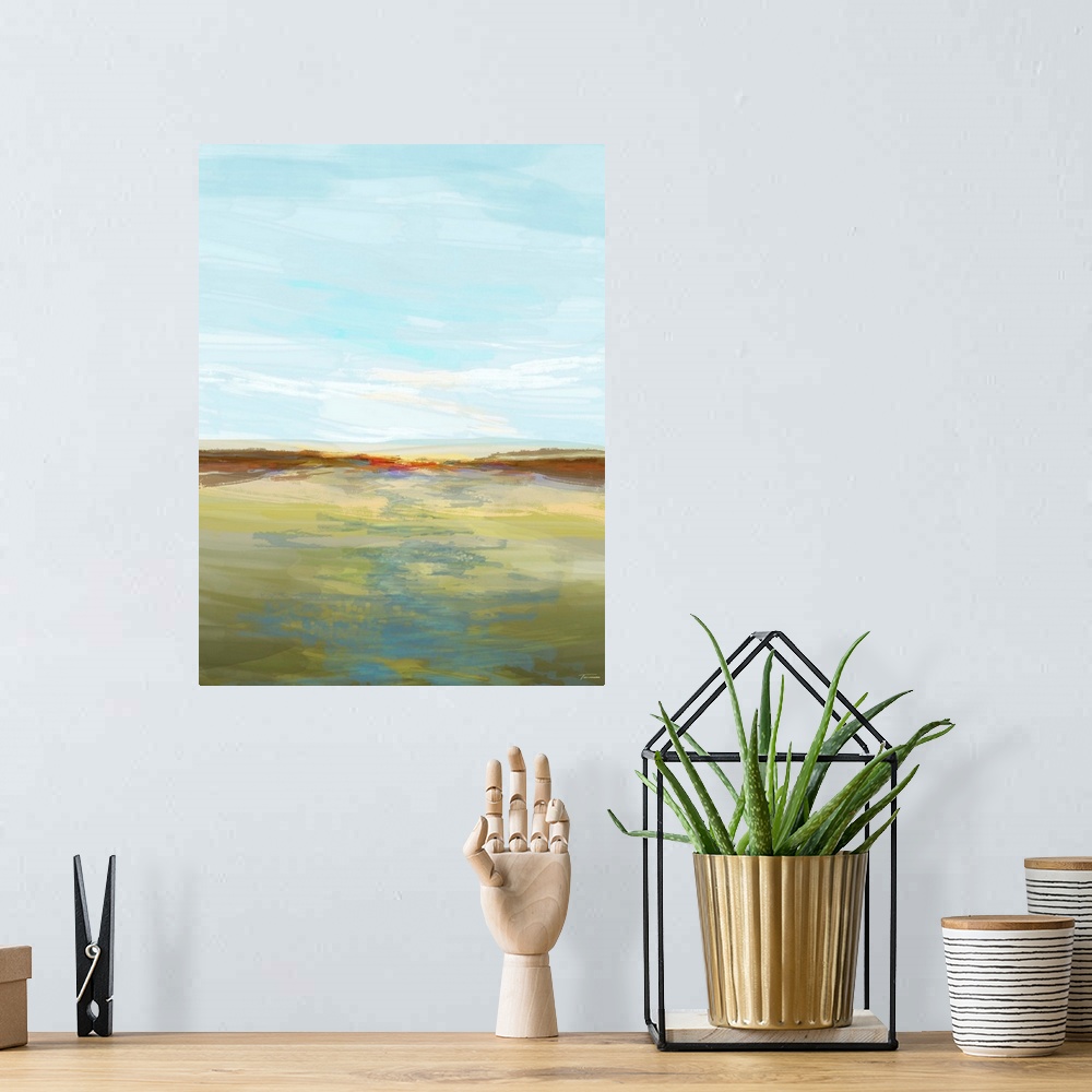 A bohemian room featuring Abstract landscape created with translucent layers of color, creating an open field with a river ...