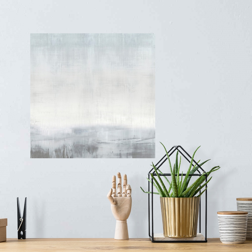 A bohemian room featuring Contemporary abstract artwork in gray and white with dry brush crosshatching and drips.