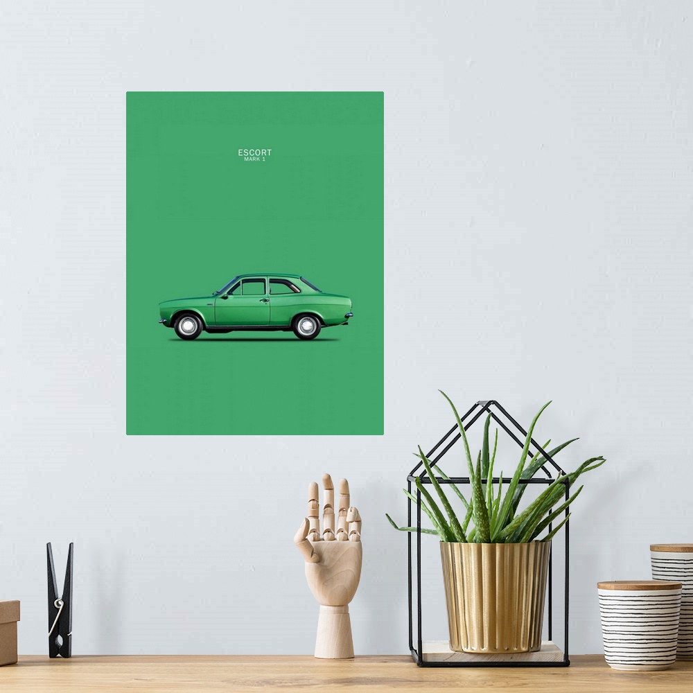 A bohemian room featuring Photograph of a green Ford Escort Mk1 TwinCam 1968 printed on a green background