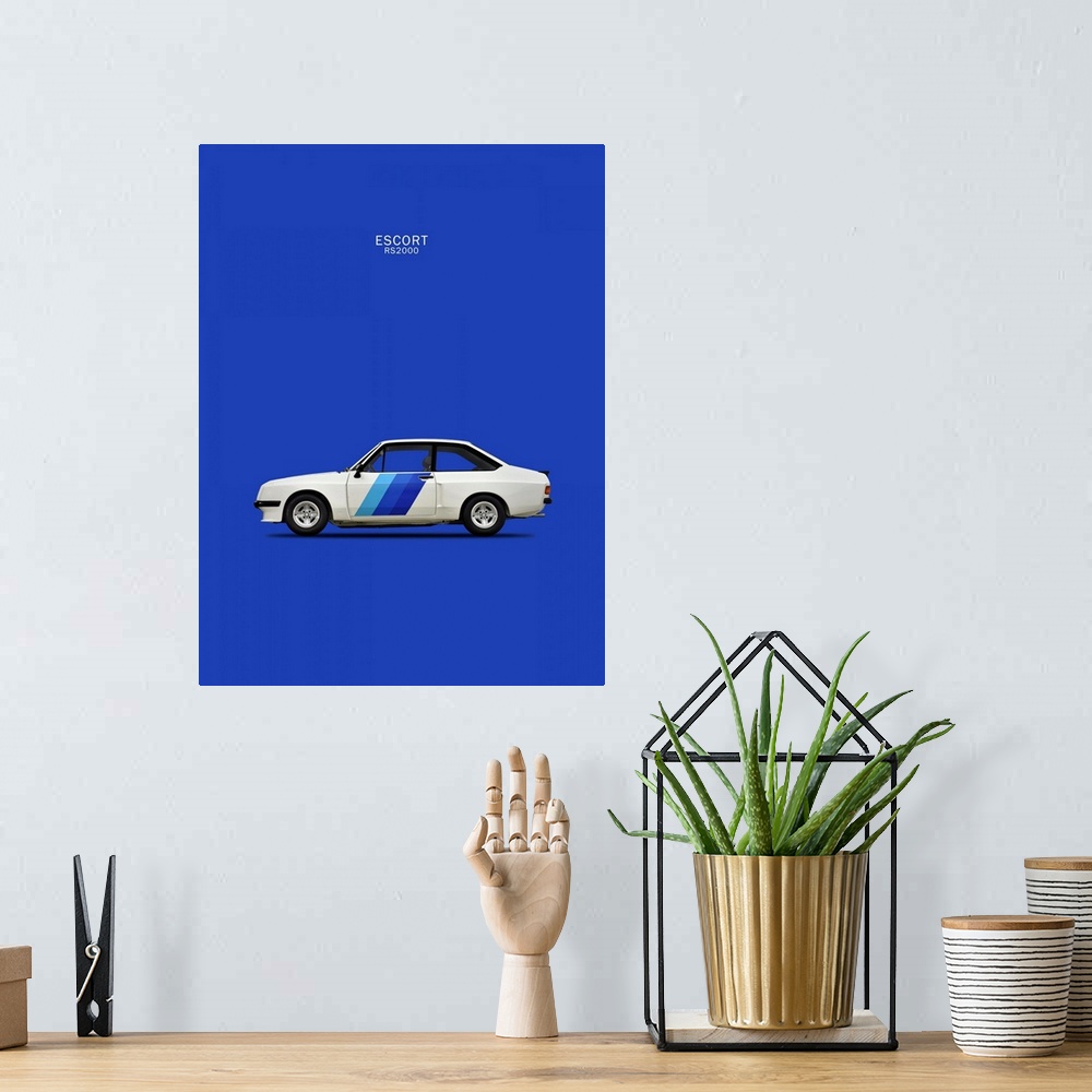 A bohemian room featuring Photograph of a white Ford Escort RS2000 1978 with stripes in three shades of blue printed on a b...