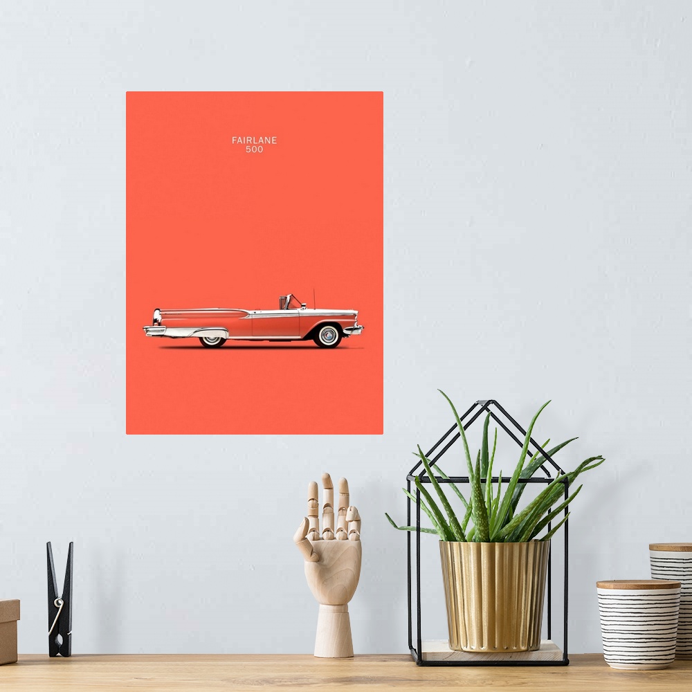 A bohemian room featuring Photograph of a coral pink Ford Fairlane 500 1959 printed on a coral background