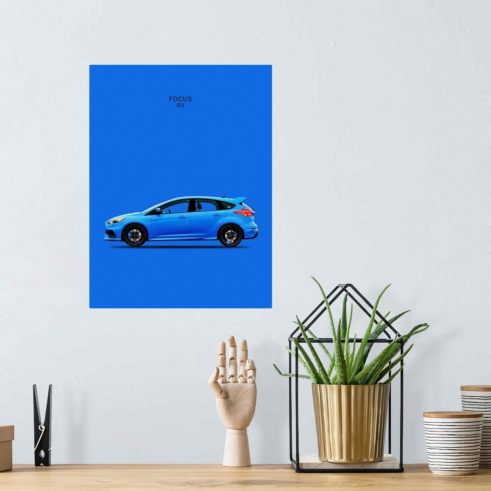 A bohemian room featuring Photograph of a blue Ford Focus RS printed on a blue background
