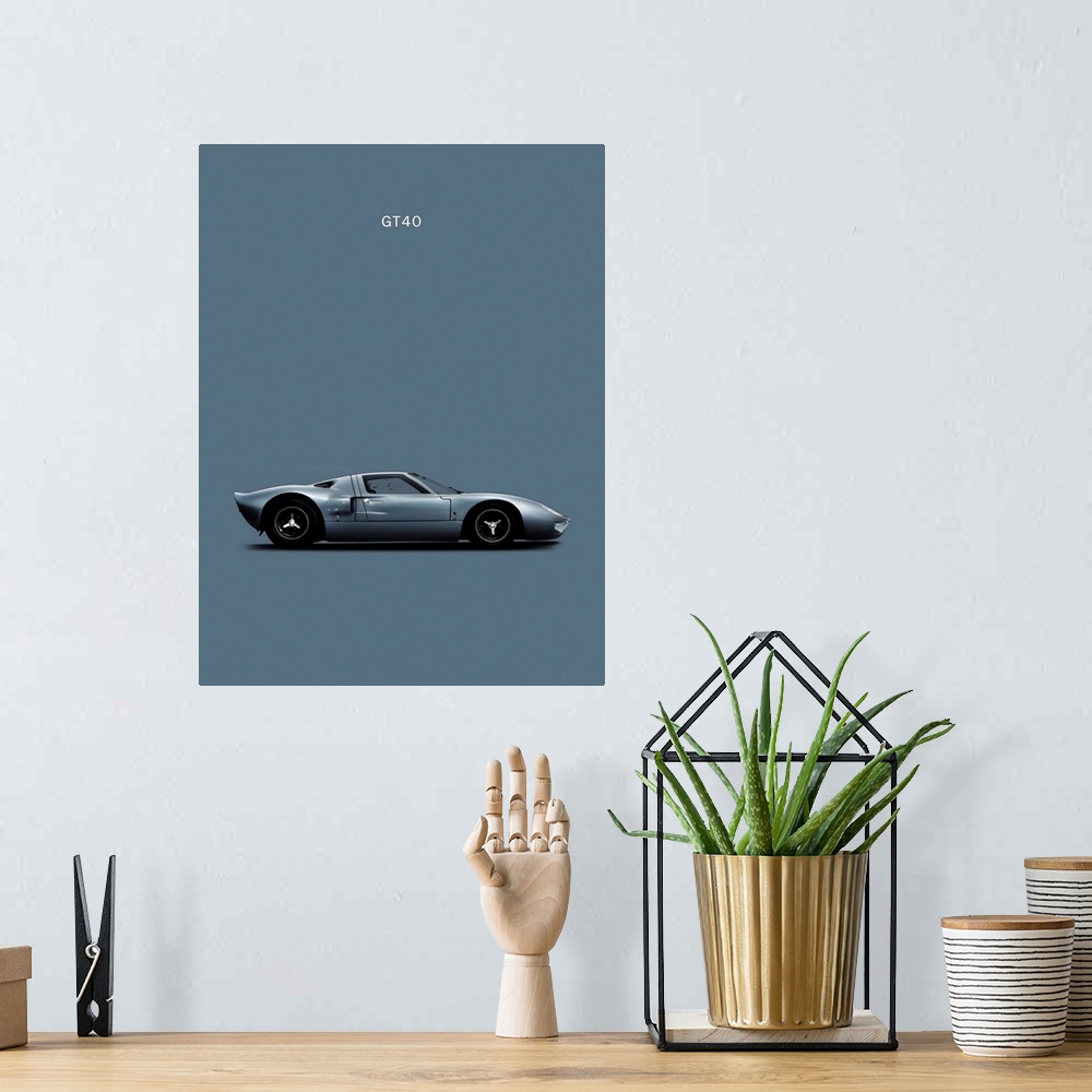A bohemian room featuring Photograph of a gray Ford GT40 printed on a gray background