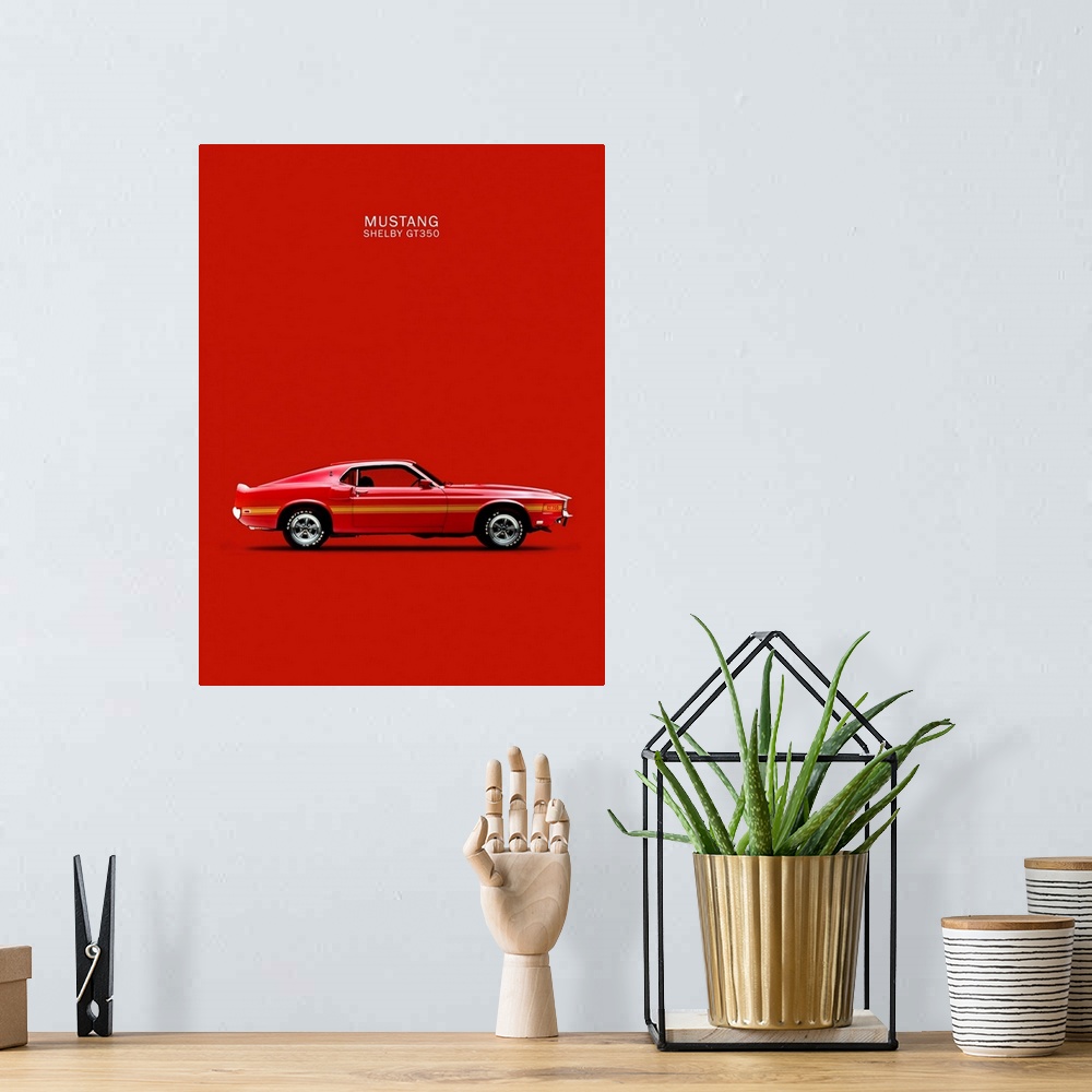 A bohemian room featuring Photograph of a red and yellow Ford Mustang Shelby GT350 1969 printed on a red background