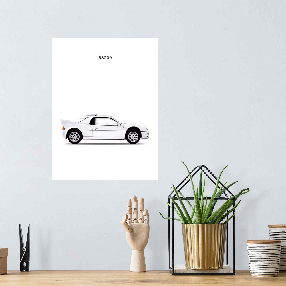 A bohemian room featuring Photograph of a white Ford RS200 1987 printed on a white background