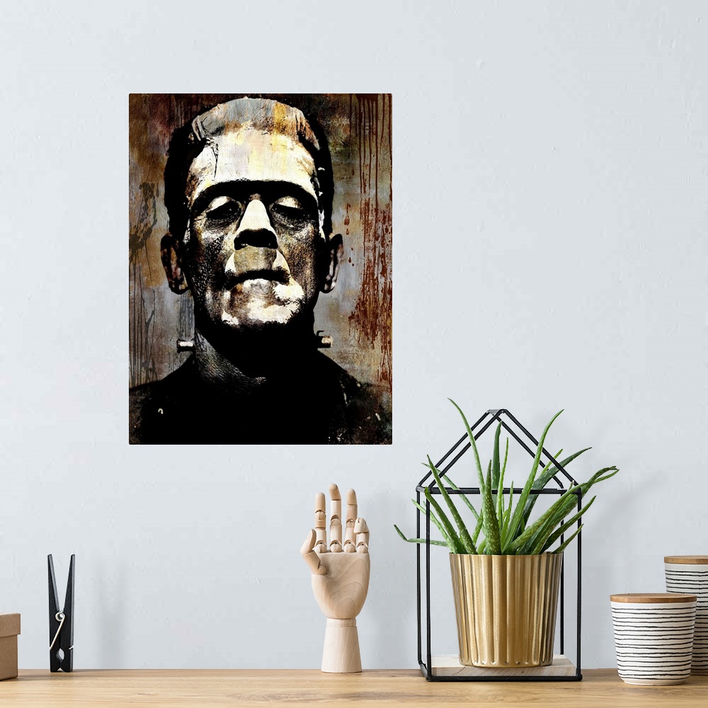 A bohemian room featuring Portrait of Frankenstein in black, gold, gray, and brown hues.