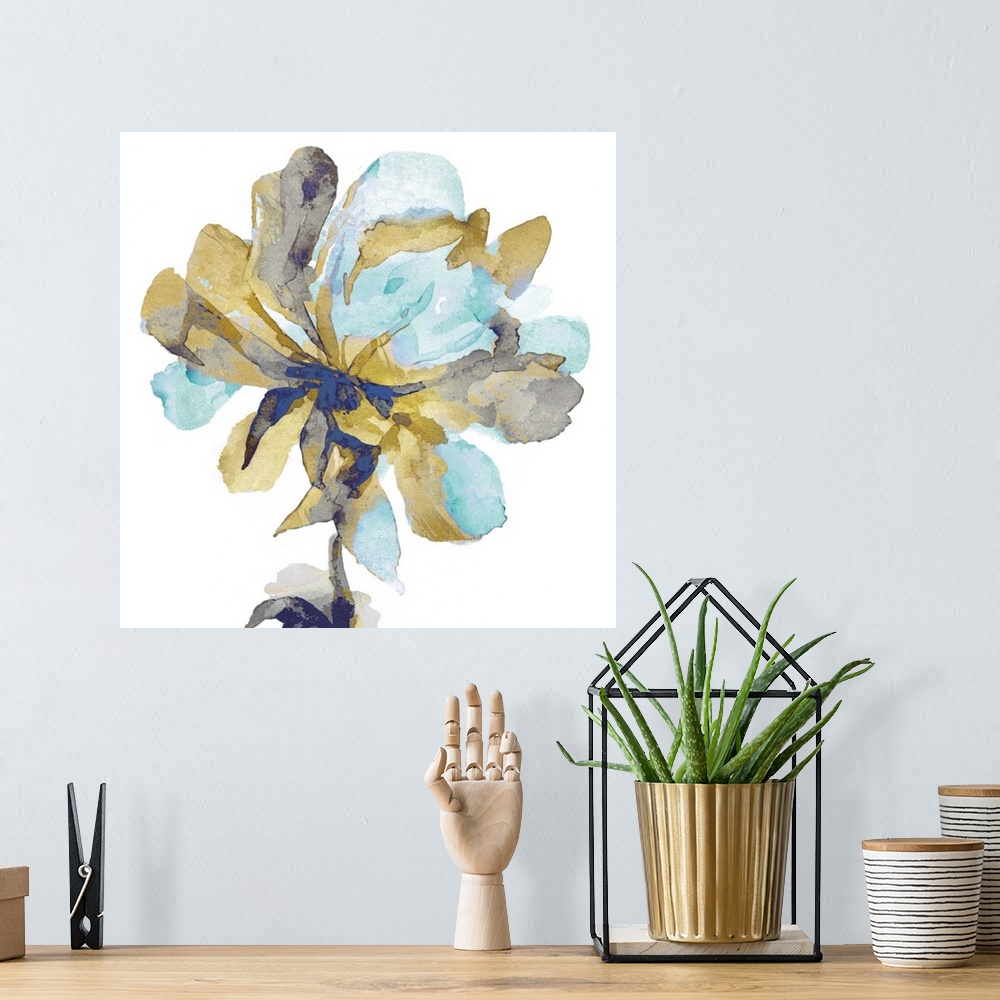 A bohemian room featuring This contemporary artwork features a single golden bloom with aqua petals over a white background.