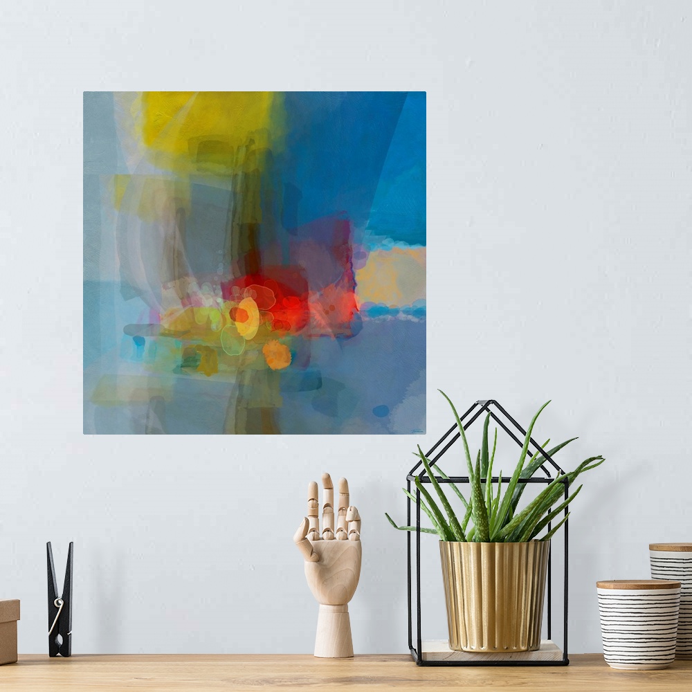 A bohemian room featuring Square abstract artwork with layered translucent hues. Square and rectangular shapes on the outsi...