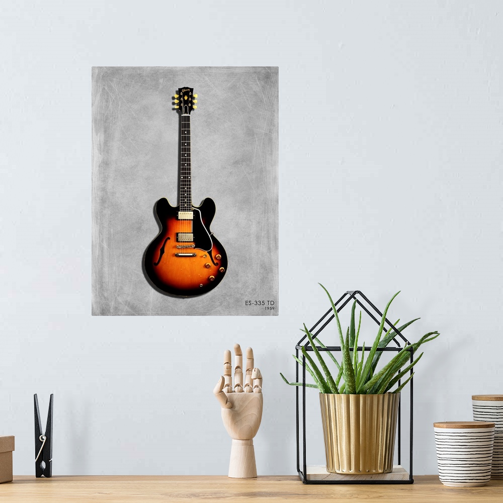 A bohemian room featuring Photograph of a Gibson ES335 59 printed on a textured background in shades of gray.