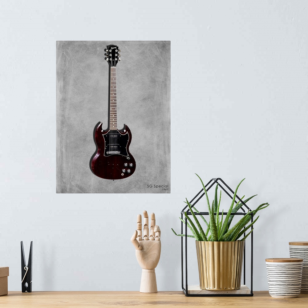 A bohemian room featuring Photograph of a Gibson SG Special 1967 printed on a textured background in shades of gray.