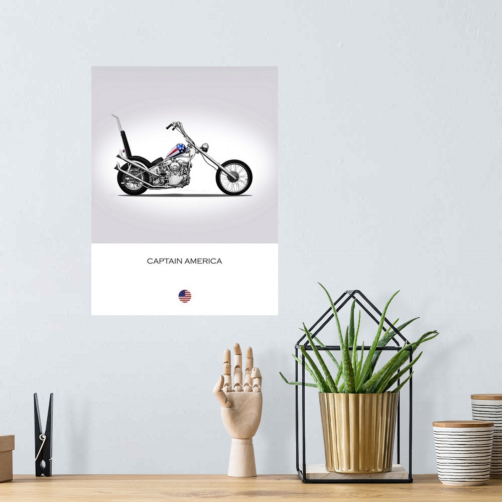 A bohemian room featuring Photograph of a Harley Davidson Captain America printed on a white and gray background.
