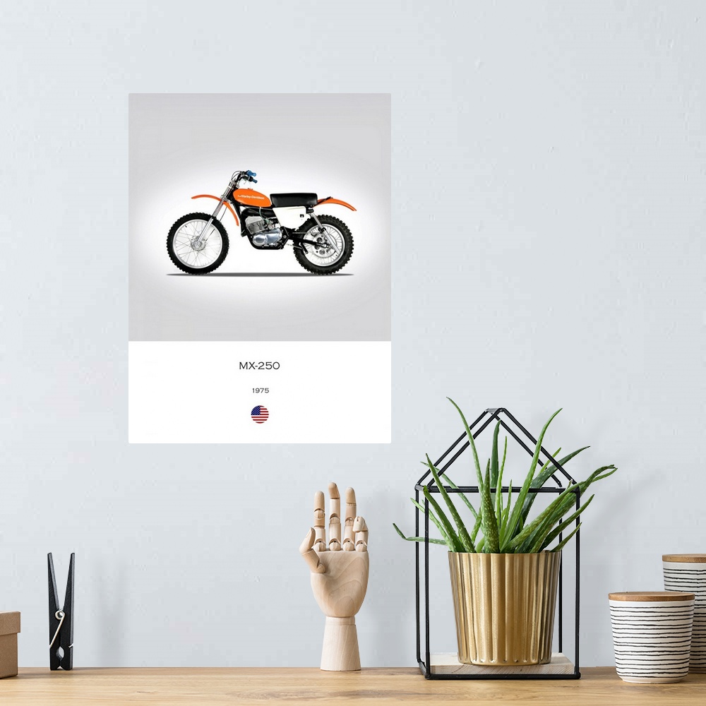 A bohemian room featuring Photograph of a Harley Davidson MX 250 1975 printed on a white and gray background.