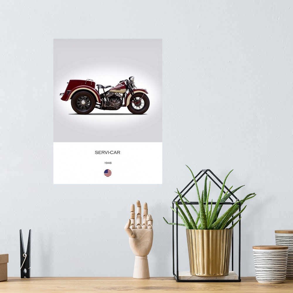 A bohemian room featuring Photograph of a Harley Davidson Servi Car 1946 printed on a white and gray background.