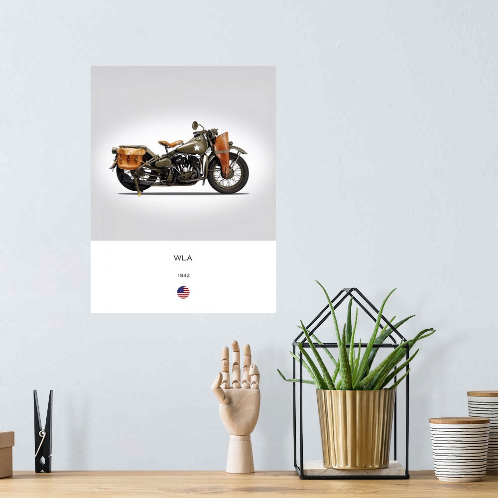 A bohemian room featuring Photograph of a Harley Davidson WLA 1942 printed on a white and gray background.