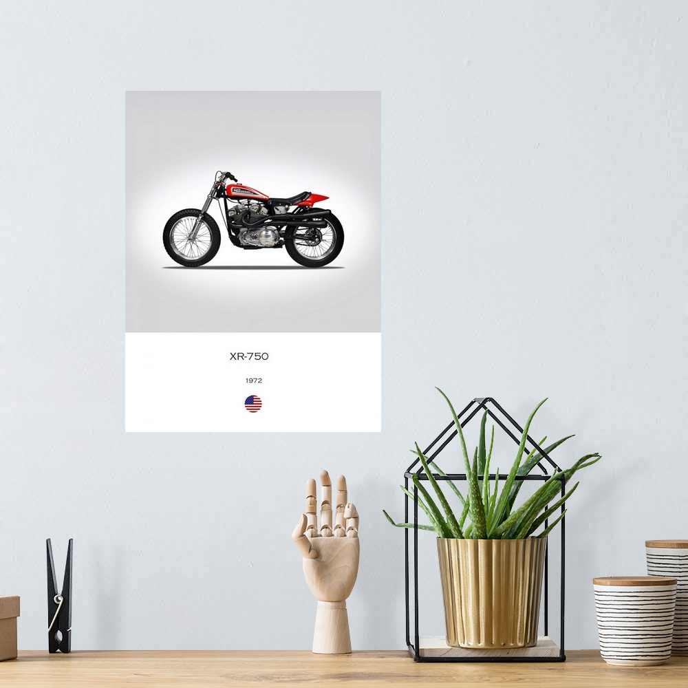 A bohemian room featuring Photograph of a Harley Davidson XR 750 1972 printed on a white and gray background.