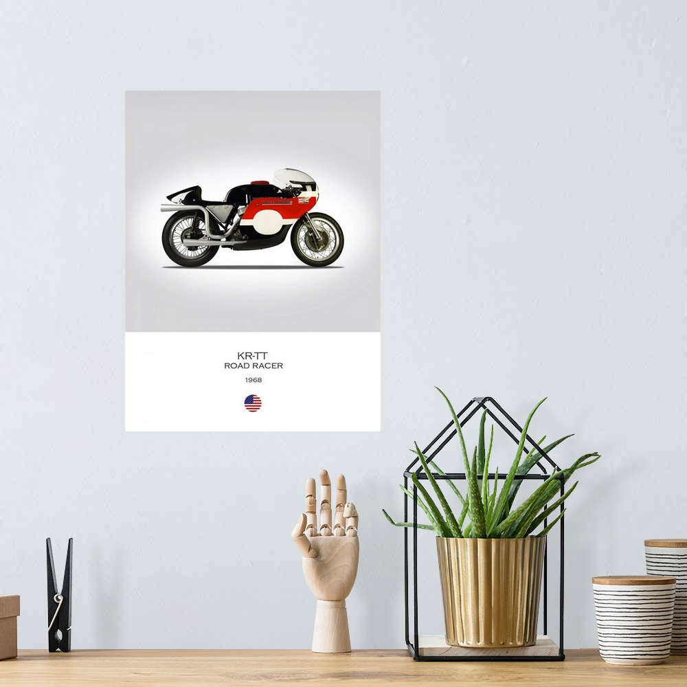 A bohemian room featuring Photograph of a HD KR TT Road Racer 1968 printed on a white and gray background.