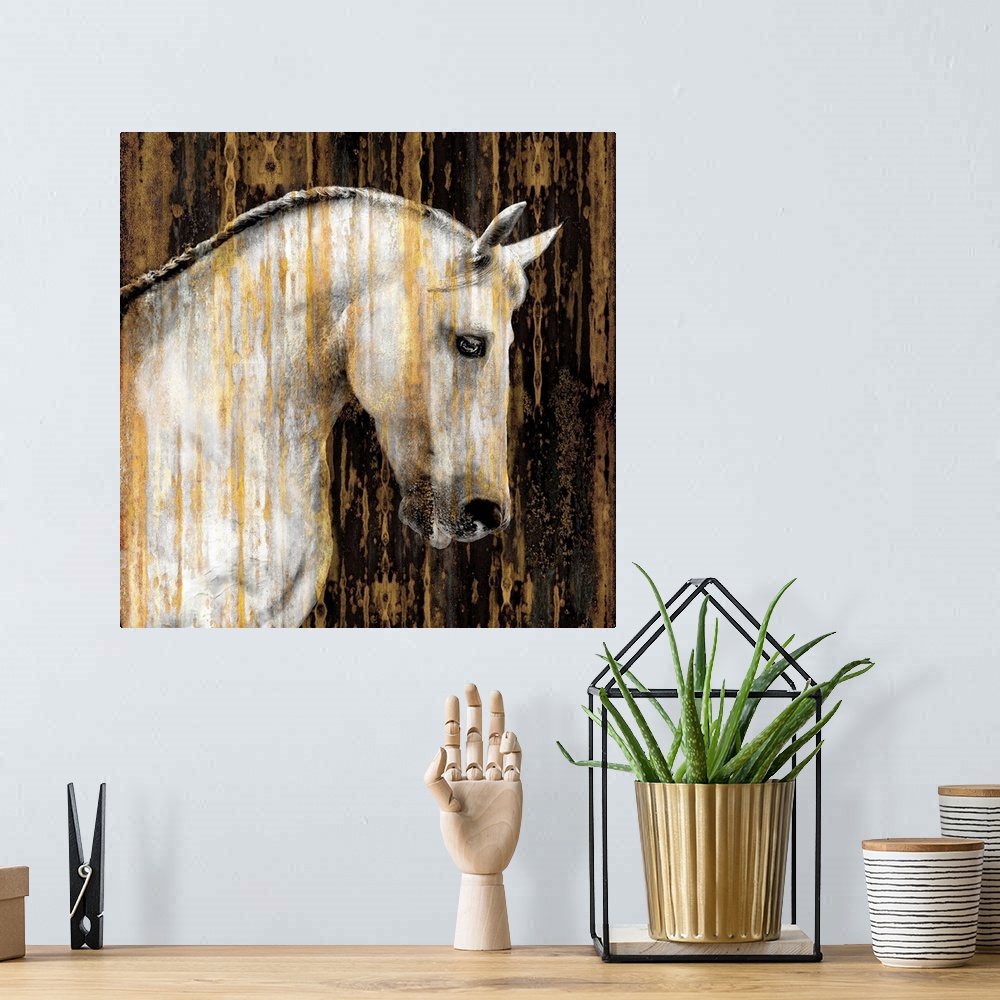 A bohemian room featuring Square decor with an image of a white horse with gold paint falling down the canvas, on a black b...