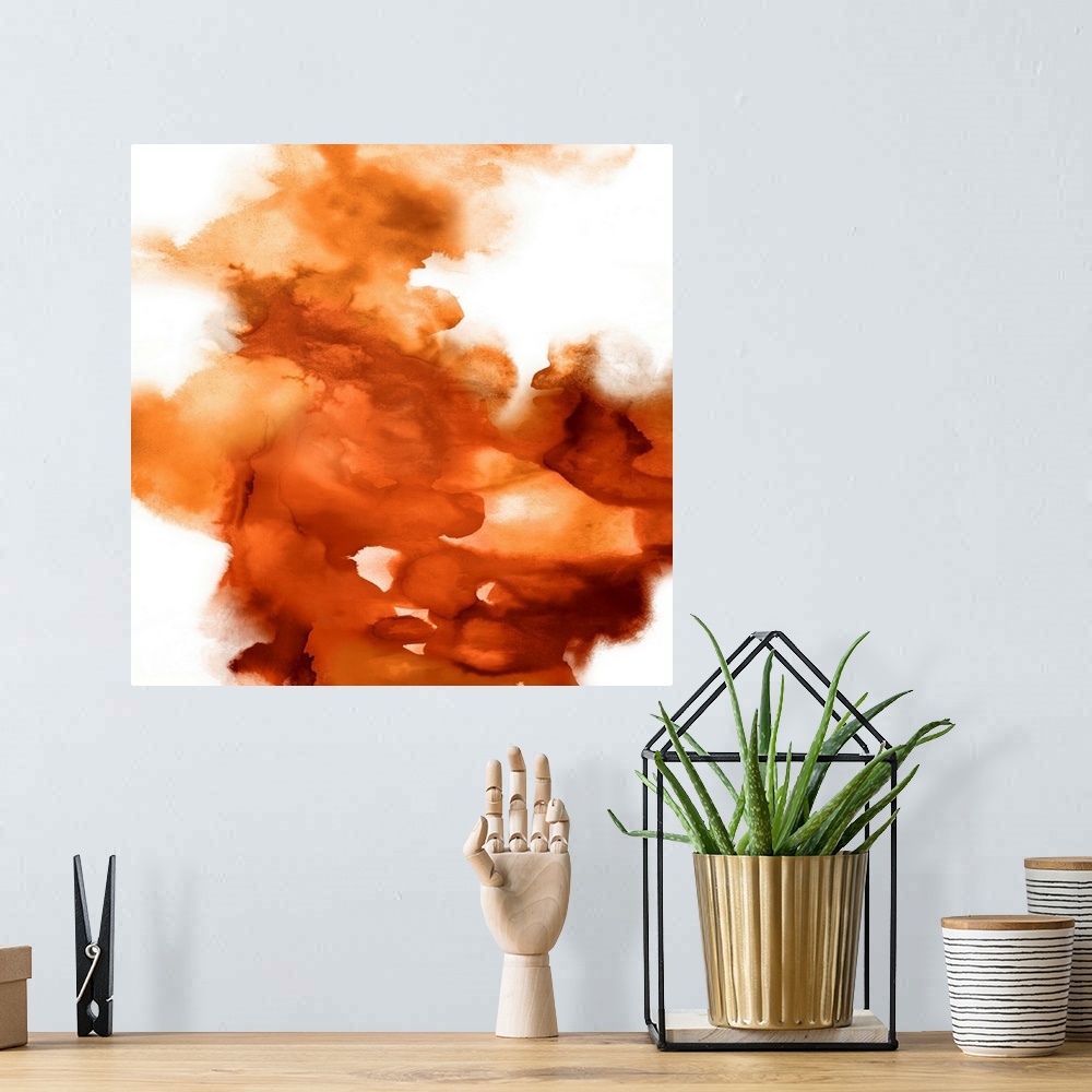 A bohemian room featuring Square abstract art with shades of orange on a solid white background.