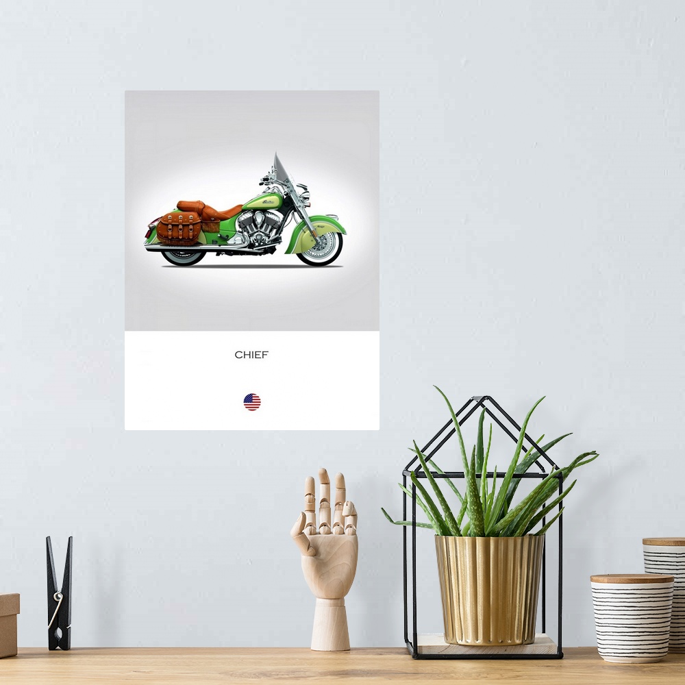A bohemian room featuring Photograph of an Indian Chief 2015 printed on a white and gray background.