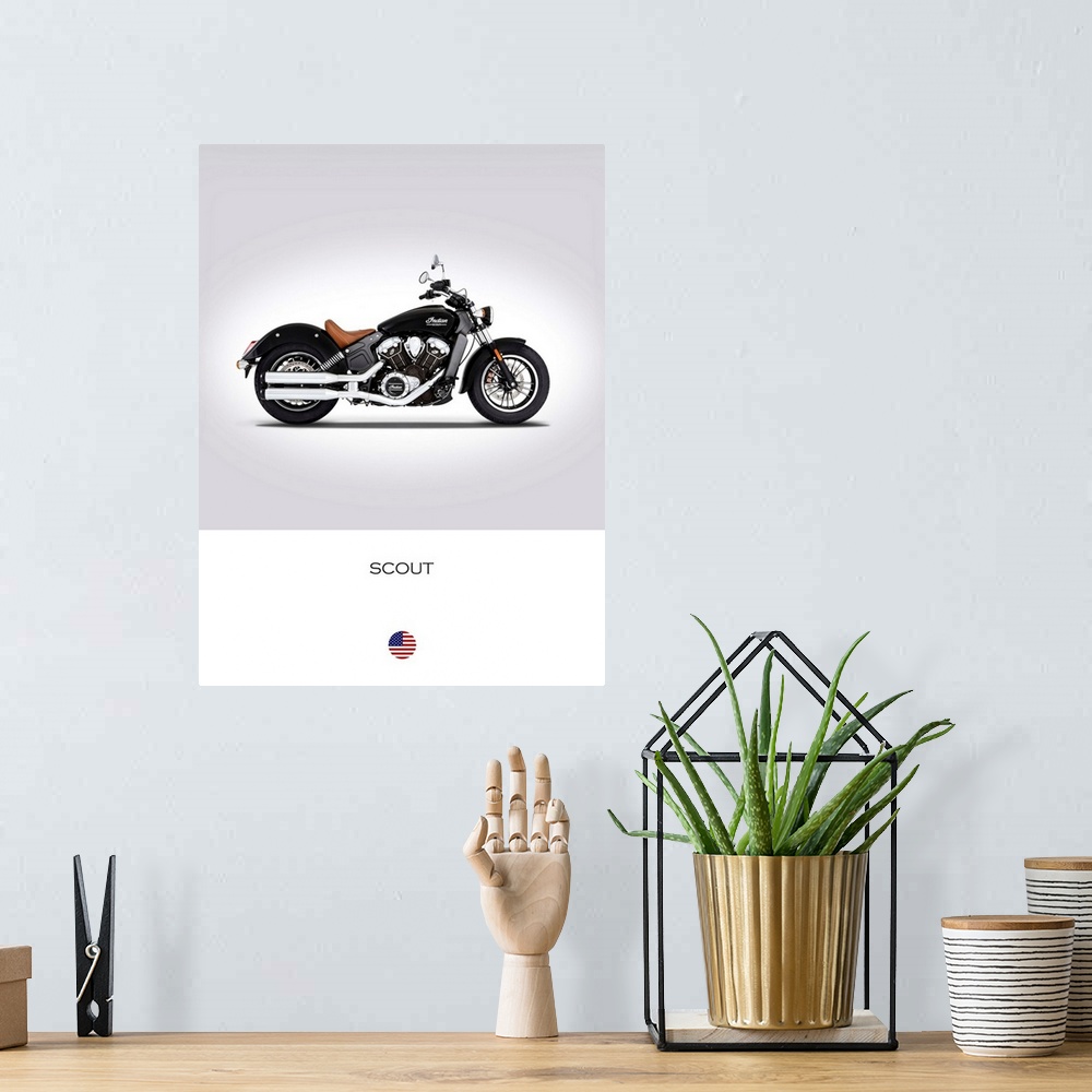 A bohemian room featuring Photograph of an Indian Scout 2016 printed on a white and gray background.